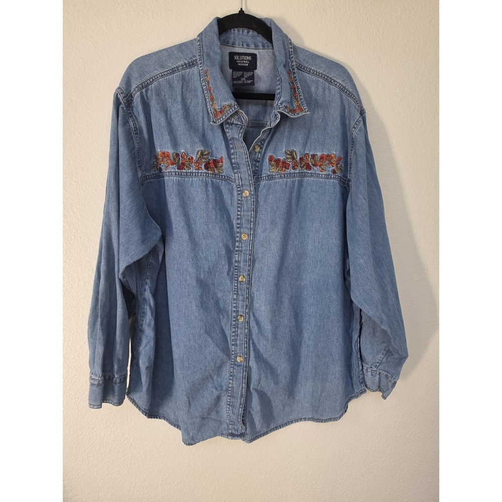 Solutions Original Blue Jean Shirt 3X Cotton Long Sleeve Autumn Embroidery